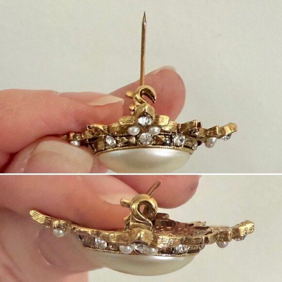 Vintage Faux Pearl Brooch with Rhinestone Accents Ornate Gold Tone Filigree Pin - Picture 5 of 12